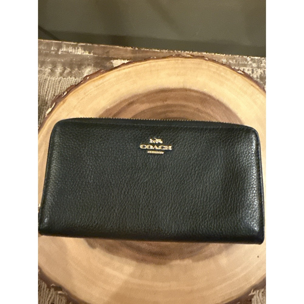 Coach Black Pebble Leather Gold Zip Around Large Wallet